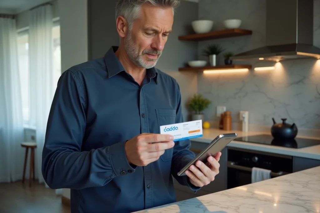 Homme examinant un chèque Cadhoc à côté d'un smartphone affichant une application d'achat en ligne de type Amazon dans une cuisine moderne