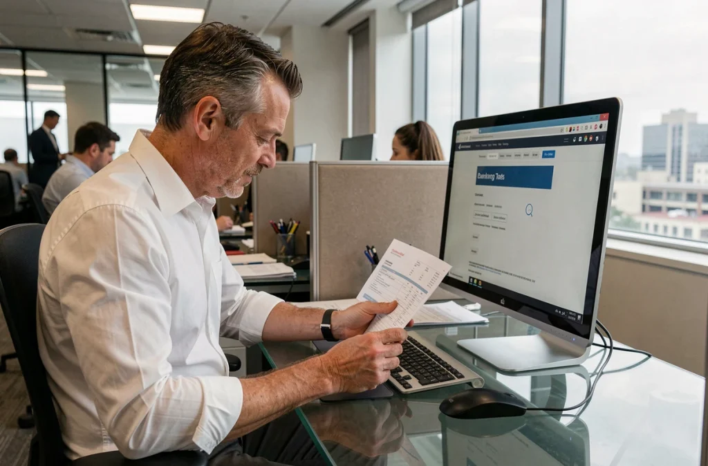 Homme d'affaires consultant ses documents fiscaux et le site Société Générale Particuliers sur son ordinateur de bureau dans un open space professionnel