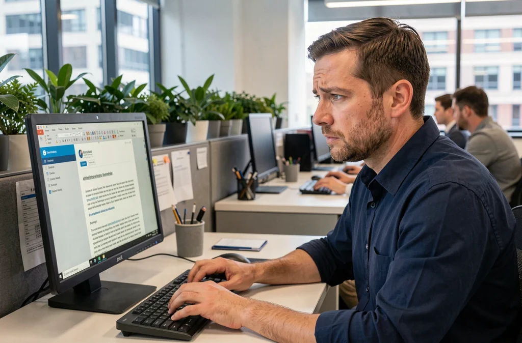 Homme envoyant un email au SGC Mérignac depuis un bureau en open space