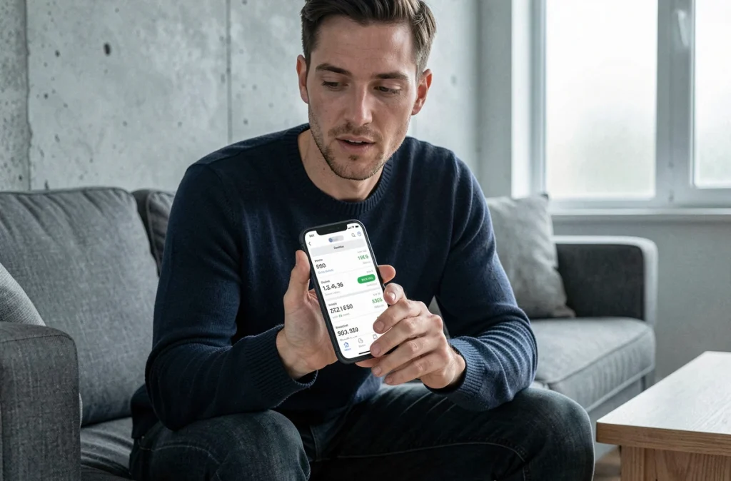 Homme consultant ses opérations bancaires en ligne sur smartphone depuis son salon