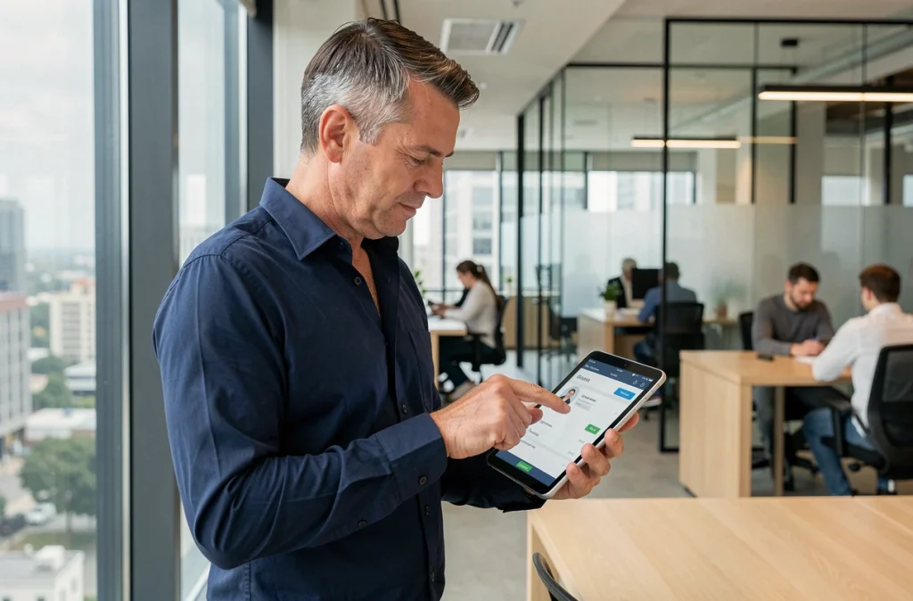 Homme consultant le service client de La Banque Postale sur une tablette dans un bureau moderne