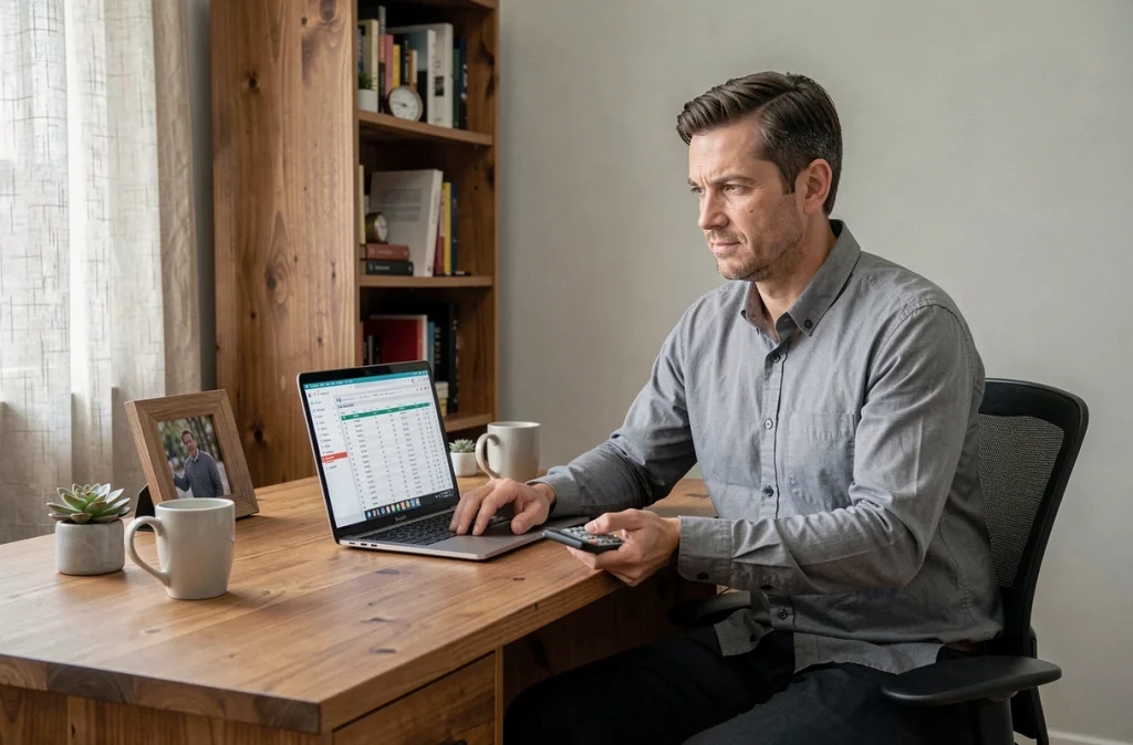 Homme en télétravail simulant sa conversion salaire brut net sur ordinateur portable pour préparer une négociation salariale