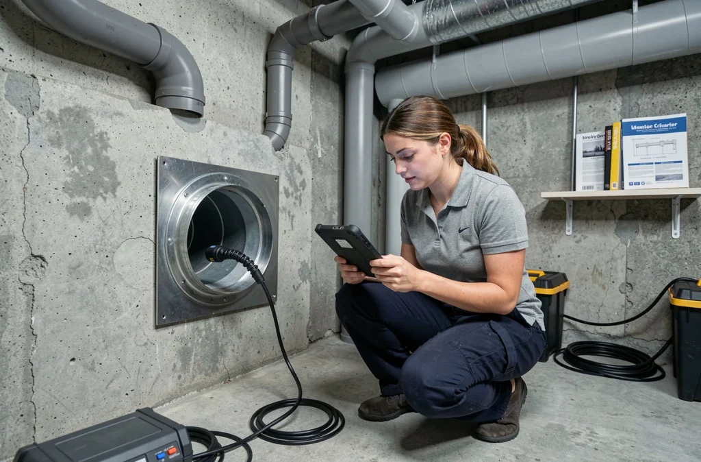 Technicienne en diagnostic immobilier inspectant un conduit de ventilation avec une caméra flexible dans une maison résidentielle