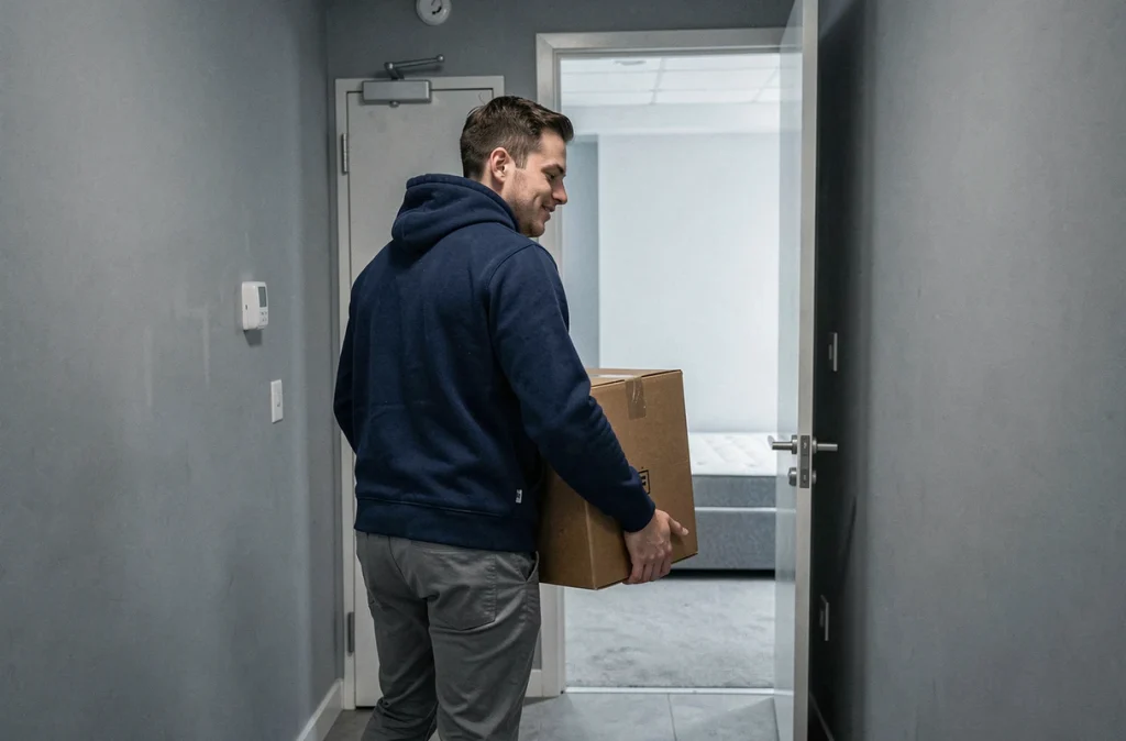 Jeune actif emménageant dans un appartement meublé en zone tendue avec cartons de déménagement