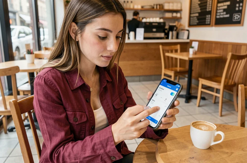 Jeune femme évitant l'attente téléphonique en gérant son compte La Banque Postale depuis une application mobile dans un café