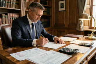 Notaire en costume sombre signant des actes immobiliers dans un bureau parisien classique, illustrant les frais de notaire dans l'immobilier