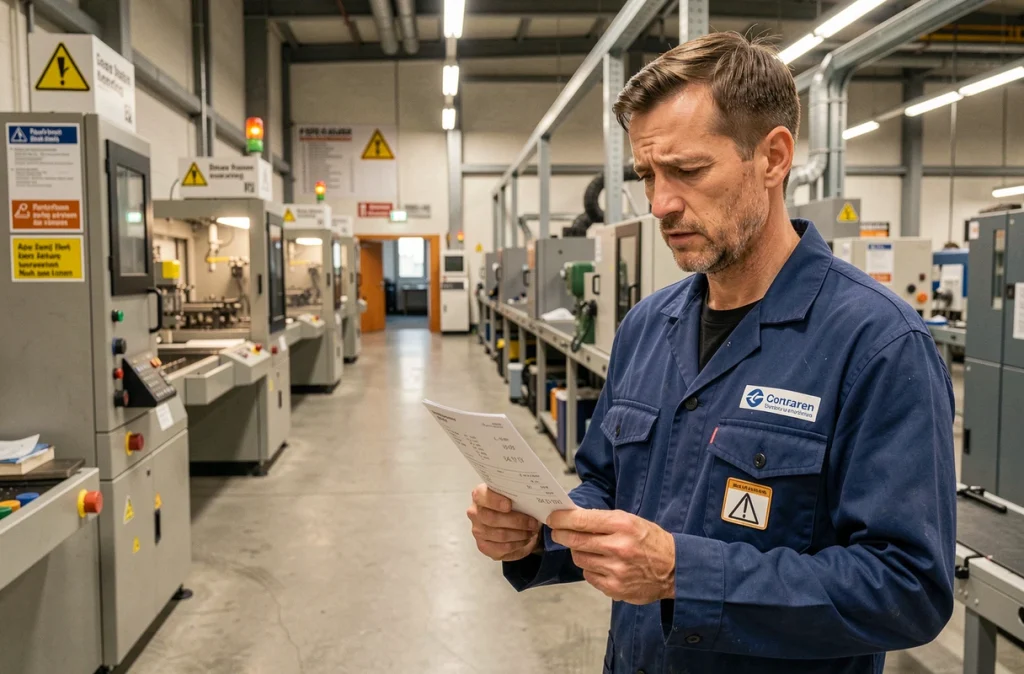 Ouvrier d'usine en Allemagne examinant sa fiche de paie dans un environnement industriel