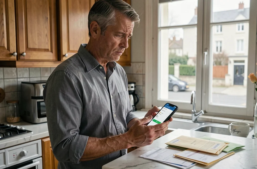 Professeur vérifiant son application bancaire sur smartphone avec des factures en attente sur le plan de travail
