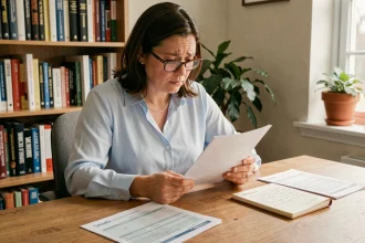 Professeure analysant sa fiche de paie à son bureau à domicile avec des documents et des notes manuscrites