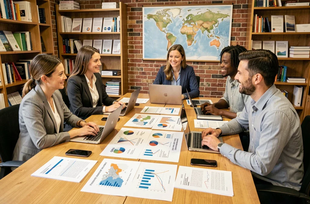 Groupe de professionnels analysant des infographies comparant PIB nominal et PPA par pays en salle de réunion