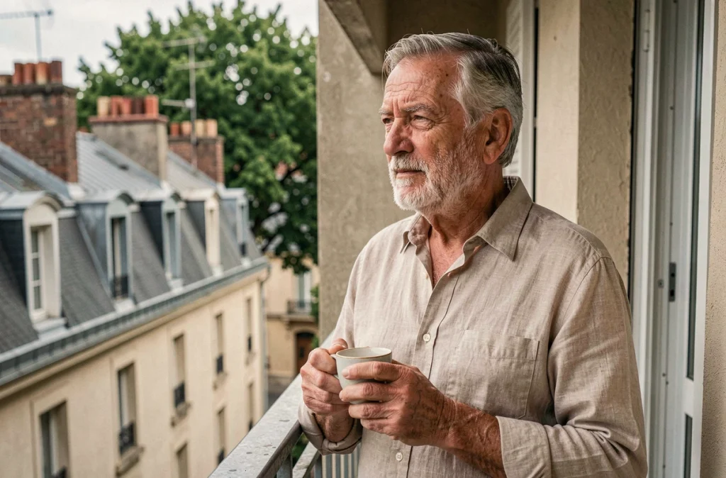 Propriétaire âgé pensif sur son balcon envisageant une vente en viager