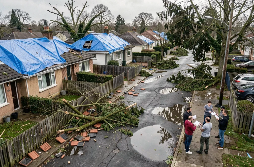 Un quartier résidentiel avec des toits endommagés recouverts de bâches après des sinistres climatiques répétés