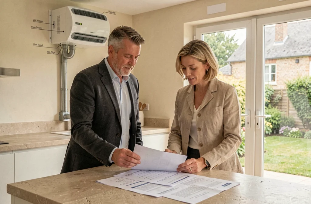Deux professionnels de l'immobilier examinant un rapport de diagnostic de ventilation VMC dans une cuisine moderne
