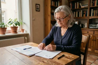 Femme retraitée étudiant des documents de vente en viager à son domicile