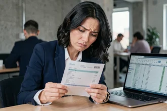 Salariée à temps plein examinant sa fiche de paie dans un bureau moderne, illustrant le calcul du salaire brut en net
