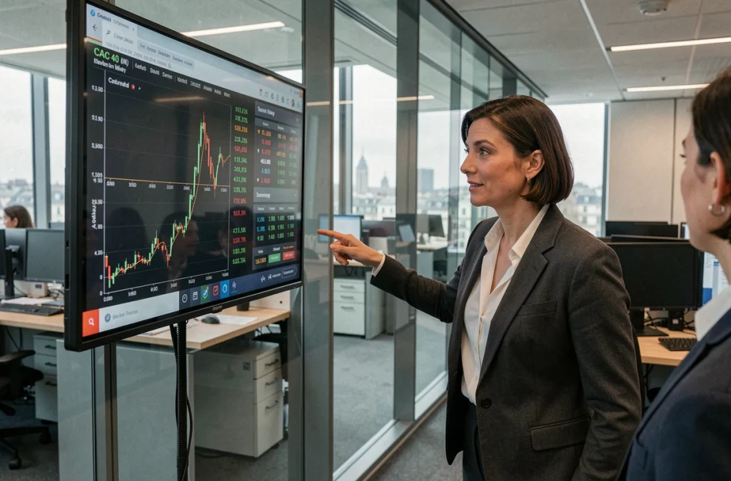 Trader professionnelle présentant les stratégies d'entrée sur le CAC 40 dans une salle des marchés parisienne