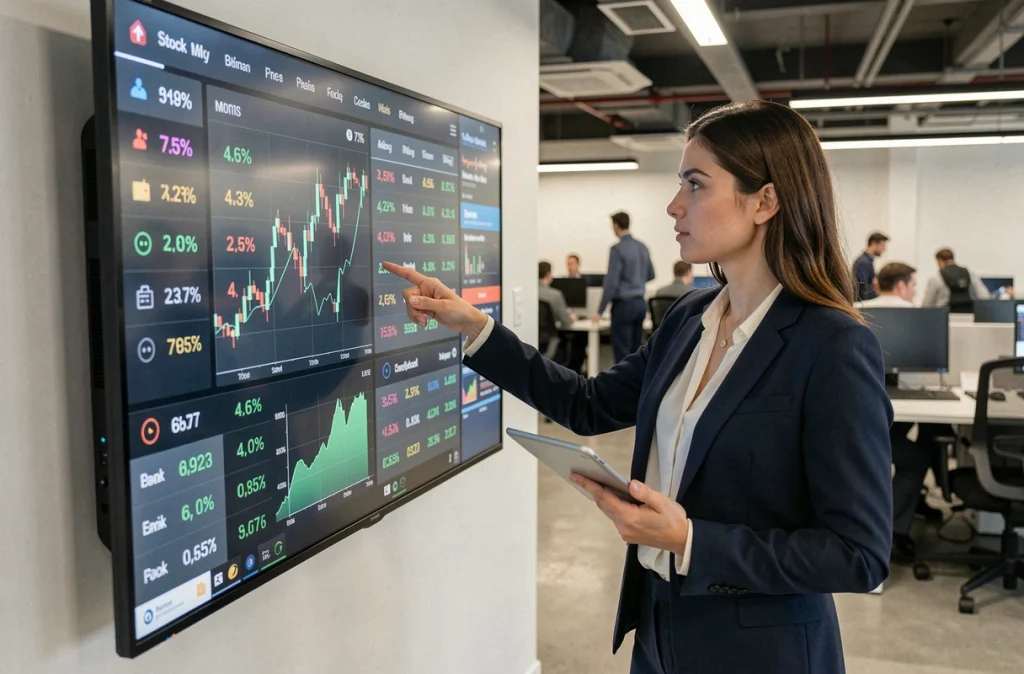 Femme d'affaires pointant un tableau de bord boursier sur grand écran dans un open space de trading moderne