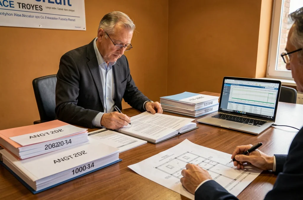 Courtier ACE Crédit Troyes analysant un dossier complexe d'investissement immobilier avec un client