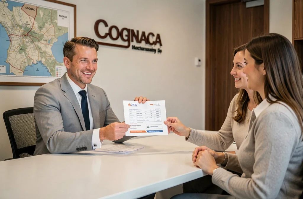 Courtier de l'Agence du Square Cognac présentant une offre de prêt immobilier à un couple dans le secteur cognaçais