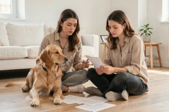 Femme consultant des documents d'assurance chien avec son golden retriever dans un appartement moderne