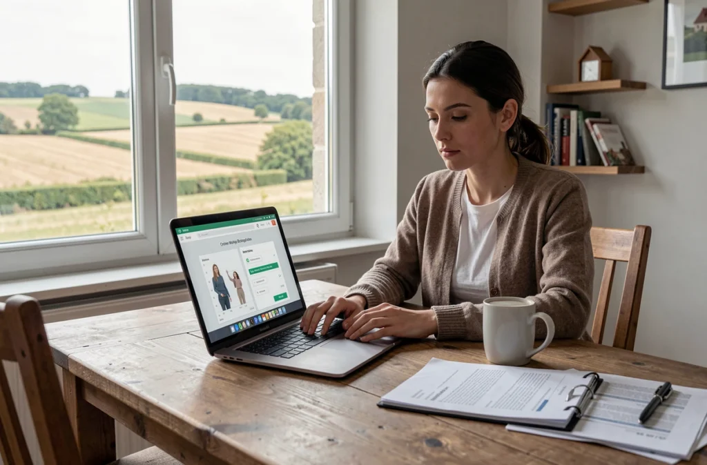 Femme utilisant le courtier en ligne AVISOFI sur son ordinateur portable pour un projet immobilier dans l'Aube