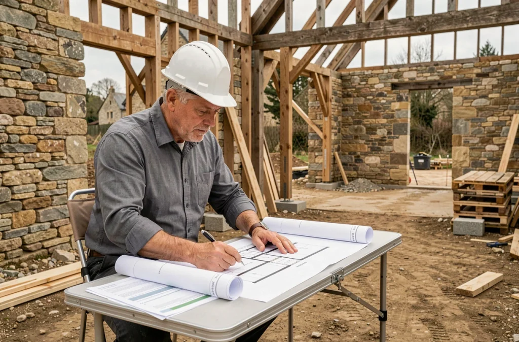Conseiller Bâtisseurs d'Ici analysant des plans de construction et des documents de financement sur un chantier résidentiel en Charente
