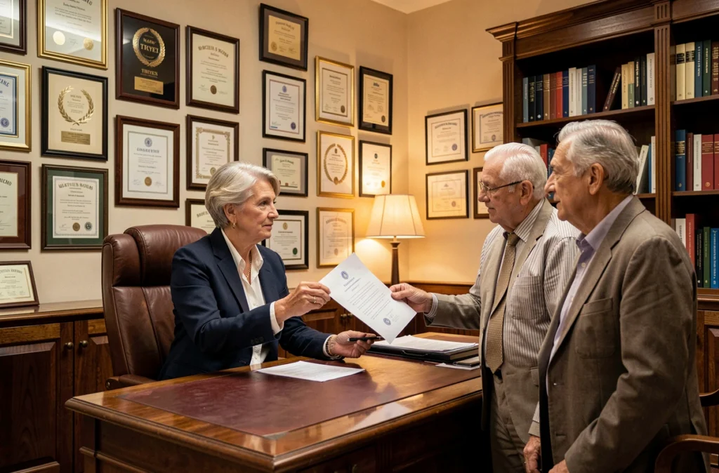 Courtière senior Cafpi Troyes en consultation avec un couple dans un bureau historique de courtage immobilier