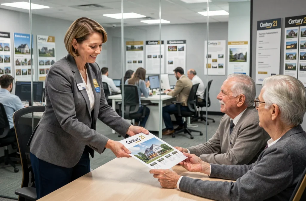 Agente Century 21 Nîmes présentant un dossier d'investissement locatif à un couple de seniors dans la salle de consultation de l'agence