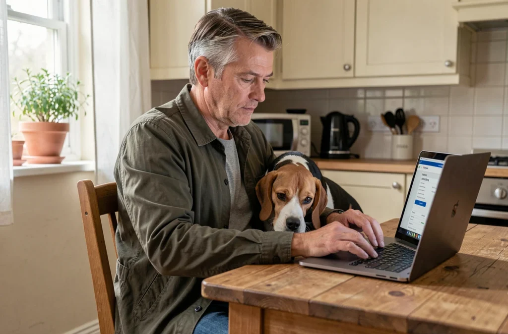Homme comparant des offres d'assurance chien en ligne avec son beagle, recherche avis Bulle Bleue