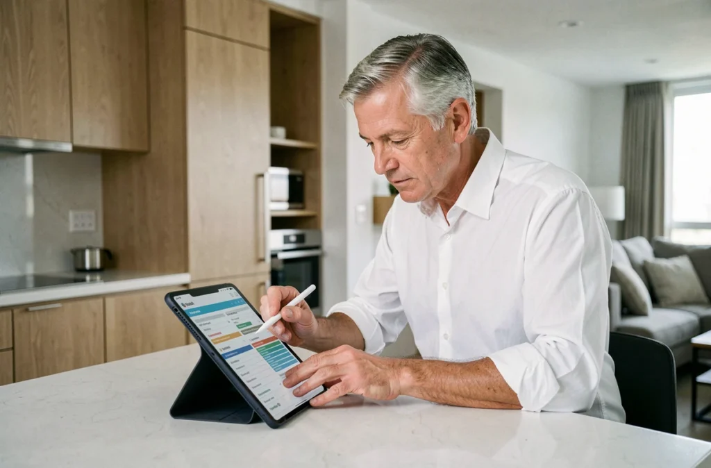 Homme comparant des offres d'assurance emprunteur sur une tablette dans sa cuisine pour réaliser des économies