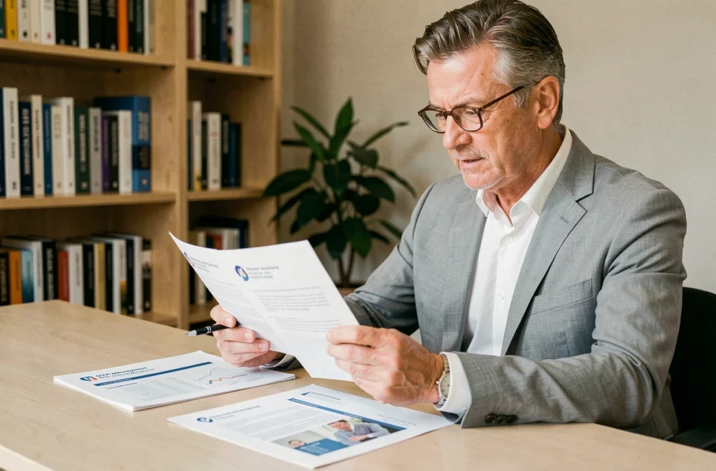 Homme comparant les prospectus de sociétés de gestion SCPI à son bureau à domicile