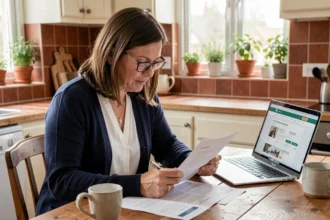 Femme en train de comparer des offres de mutuelle santé sur des documents papier à sa table de cuisine