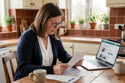 Femme en train de comparer des offres de mutuelle santé sur des documents papier à sa table de cuisine