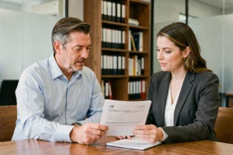 Un homme et une conseillère en assurance emprunteur examinent ensemble un contrat dans un bureau professionnel moderne