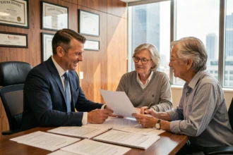 Conseiller immobilier présentant une SCPI en nue-propriété à un couple de retraités dans un bureau notarial moderne