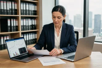 Conseillère financière analysant des documents sur les SCPI en assurance-vie à son bureau