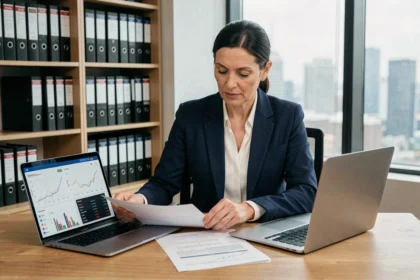 Conseillère financière analysant des documents sur les SCPI en assurance-vie à son bureau