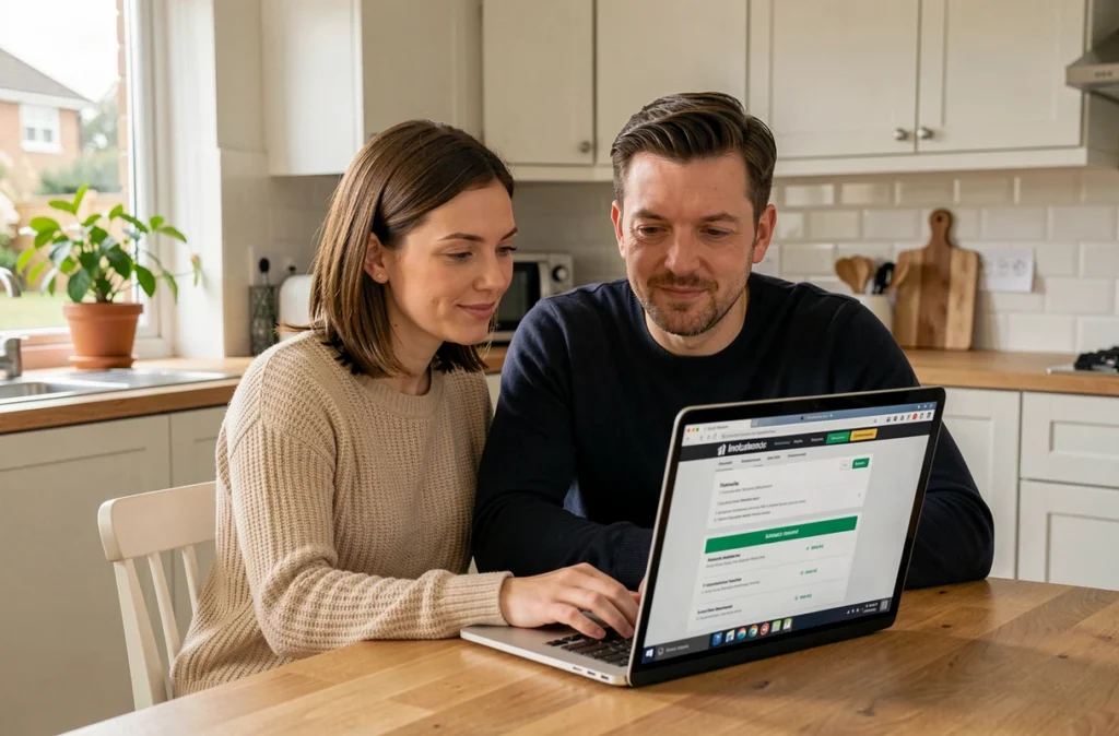 Un couple compare des offres d'assurance emprunteur sur un ordinateur portable dans leur cuisine moderne