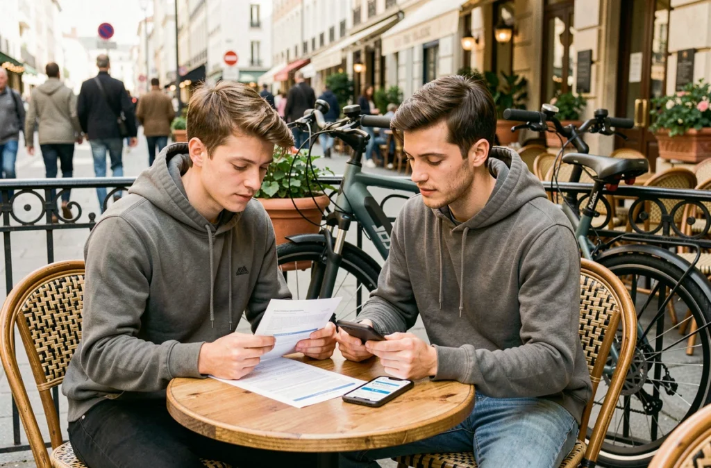 Couple comparant des offres d'assurance vélo électrique en terrasse de café avec leur vélo garé à proximité