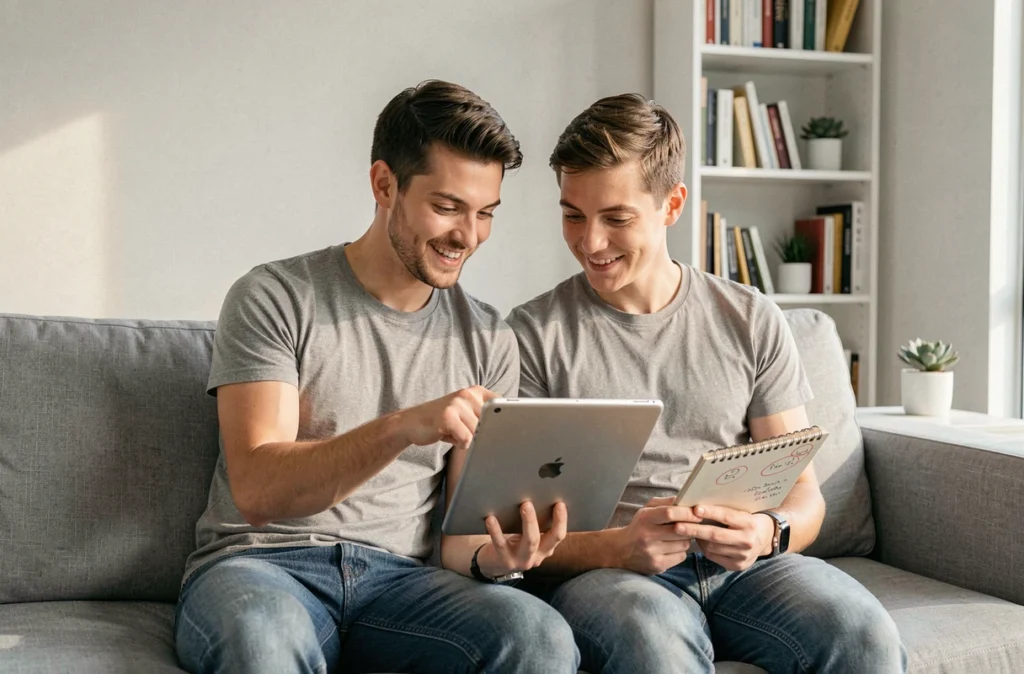 Couple comparant des offres de mutuelle santé sur une tablette pour optimiser leur budget