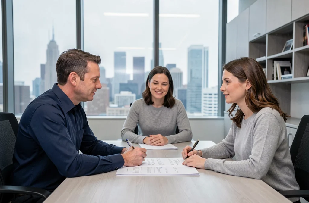 Couple rencontrant un conseiller financier pour renégocier leur assurance de prêt immobilier