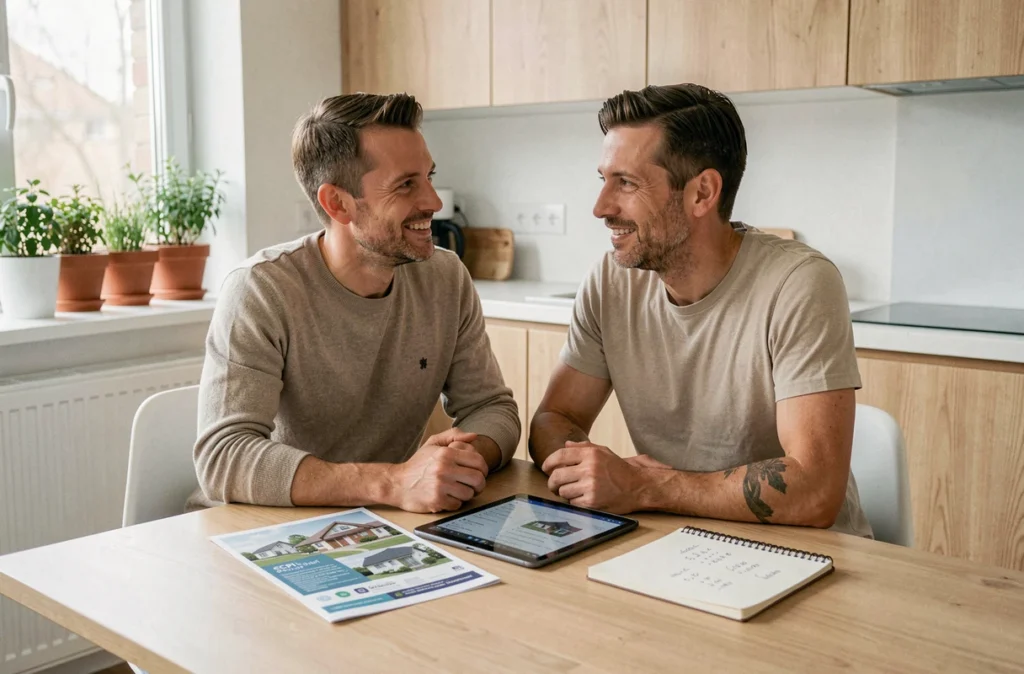 Un couple étudie les options de cashback pour leur investissement en SCPI depuis leur cuisine moderne