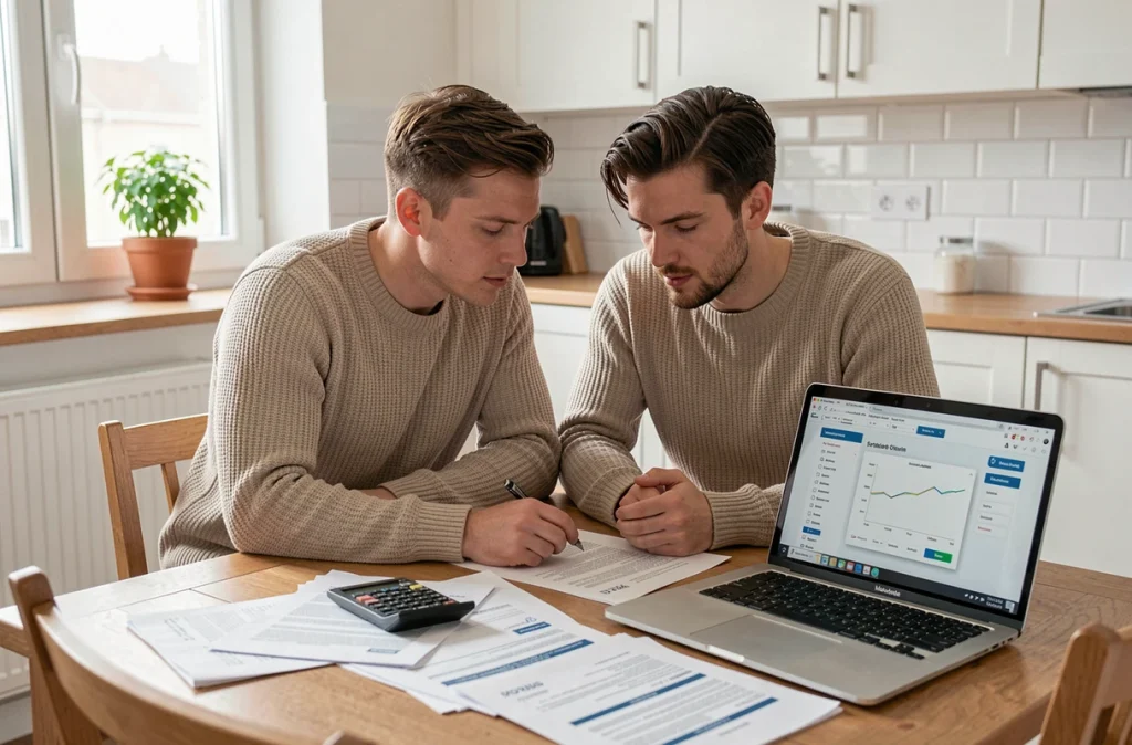 Couple préparant leur dossier de prêt immobilier à domicile avec simulation de crédit sur ordinateur