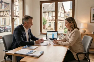 Scène de consultation avec un courtier en crédit immobilier dans l'Aube, deux personnes autour d'un bureau avec des documents de prêt immobilier