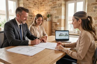 Un courtier en crédit immobilier conseille un couple dans une agence en Charente, avec des documents de financement et un ordinateur portable sur le bureau