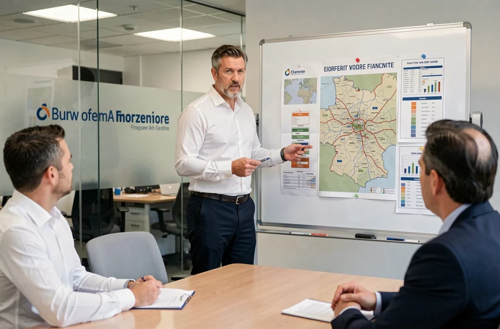 Courtier du Crédit Courtier de France expliquant les options de financement immobilier en Charente devant une carte régionale