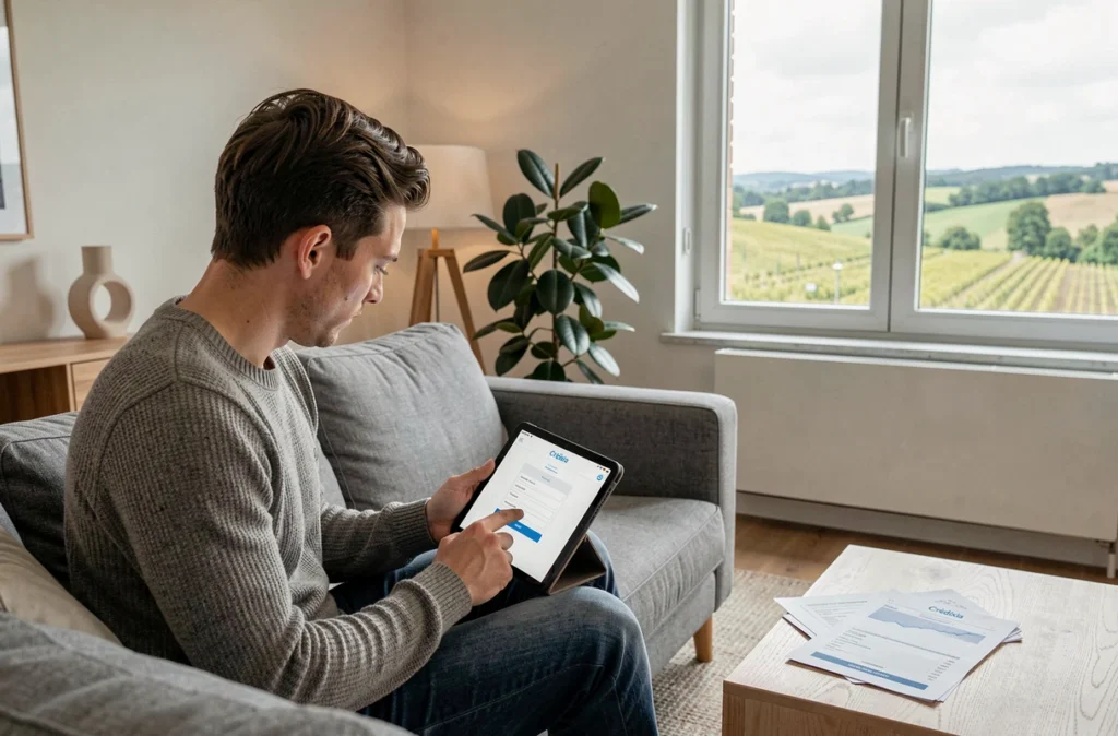 Jeune homme utilisant Crédixia courtier en ligne pour financer un achat immobilier dans l'Aube sur tablette