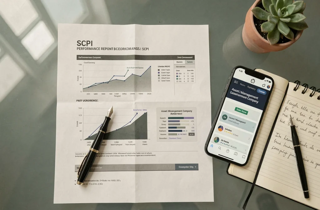 Vue aérienne de documents et outils d'analyse pour choisir une société de gestion SCPI