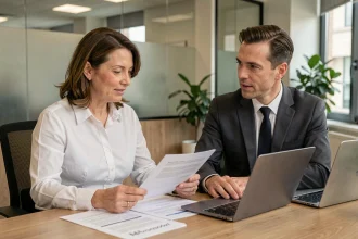 Conseillère bancaire et client examinant un dossier de crédit immobilier dans une agence Banque Populaire Val de France