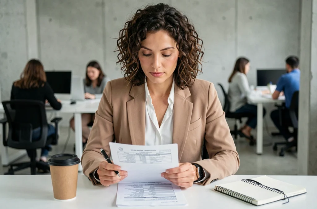 Une femme analyse attentivement un contrat d'assurance emprunteur dans un espace de coworking moderne